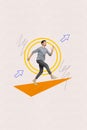Vertical collage sketch of happy smiling successful guy running towards his dream goal isolated on drawing white color