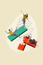 Vertical collage sketch of three people office managers falling down flying air broken block isolated on creative