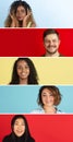Collage of ethnically diverse smiling people on colored backgrounds. Concept of human emotions, facial expressions Royalty Free Stock Photo