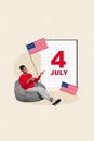 Vertical collage of smiling person sit bean bag use smart phone point finger 4 july poster american national flag