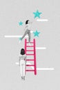 Vertical collage success girls reach height ladder motivation catching stars finance startup edtech project isolated on Royalty Free Stock Photo