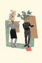 Vertical collage of two dancing black white effect people chilling flowers instead head isolated on painted background