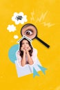 Vertical collage of unsatisfied moody girl book head think dream contemplate big magnifier lens eye look spying observe