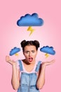 Vertical collage young irritated annoyed girl showing negative emotion reaction thunder clouds stormy weather lightning