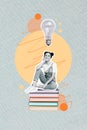 Vertical collage of young woman student studying university sitting stack books literature lightbulb ideas isolated on