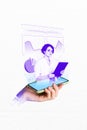 Vertical collage of young worker assistant office lady hold notepad reading analysis hologram phone display diagrams Royalty Free Stock Photo