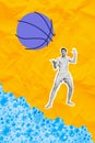 Vertical colorful collage excited carefree guy dude catch basketball ball near bubbles soap ocean sea water pool divided