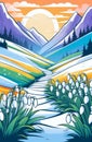 Colorful illustration of snowdrops emerging through snow close up with mountain landscape vertical background.