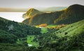 View from hill overlooking Taylor`s Bay and Opoutama headland, Mahia Peninsula, North Island, New Zealand Royalty Free Stock Photo