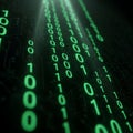 Vertical columns of glowing green binary code (0s and 1s) appear against a dark Royalty Free Stock Photo