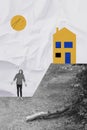 Vertical composite artwork collage image of mini black white effect guy shrug shoulders house isolated on creative Royalty Free Stock Photo