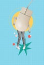 Vertical composite collage art of video games playing funny person under control click computer mouse isolated on blue