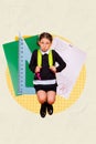 Vertical composite collage artwork picture of funky jump schoolgirl paper sheet best grade high result test isolated on