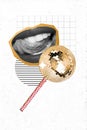 Vertical composite collage of girl mouth tongue lick lips teeth black white gamma disco ball lollipop isolated on Royalty Free Stock Photo