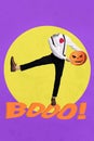 Vertical composite collage image of crazy headless person hands hold halloween frightening pumpkin booo text isolated on