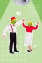 Vertical composite collage image of excited couple partners enjoy dancing hold hands parrot heads isolated on creative
