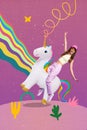 Vertical composite collage image of positive girl have fun good mood sitting ride toy unicorn drawing rainbow