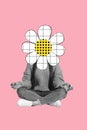 Vertical composite collage of meditating person black white filter crossed legs flower instead head isolated on pink