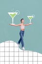 Vertical composite collage picture of cheerful girl arms hold two big painted glass alcohol cocktail isolated on drawing