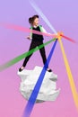 Vertical composite collage picture of excited funny girl stand big crumpled paper hold colorful palette radiate rays