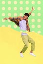 Vertical composite collage picture of positive young guy legs separated from body dancing point fingers divided into two