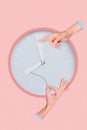 Vertical composite collage picture of two human arms adjust set clock time backwards isolated on creative background Royalty Free Stock Photo