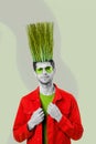 Vertical composite collage portrait of handsome man black white gamma wear red jacket growing plant hair instead hair