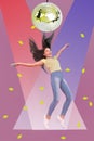 Vertical composite collage portrait of positive girl enjoy party discotheque big disco ball spotlights