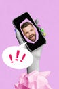 Vertical composite collage portrait of woman hand hold telephone screen demonstrate boyfriend face video call