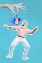 Vertical composite collage of satisfied pensioner enjoy dancing have fun huge arm hold light bulb isolated on creative