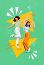 Vertical composite collage of two cheerful positive girls enjoy dancing clubbing isolated on painted background