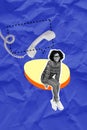 Vertical composite collage of young lady sitting round cloud call center workaholic answer her clients isolated on blue