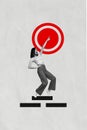 Vertical composite collage of young perfect worker business lady finger point up dartboard target achieved isolated on