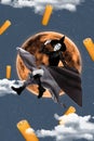 Vertical composite creative illustration photo collage of good mood witch flying on bat at halloween sky on