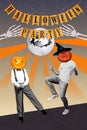 Vertical composite creative photo collage of funky people with pumpkin heads dancing at halloween party isolated on