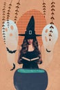 Vertical composite creative photo collage of gorgeous witch read spell book cooking love elixir in caudron isolated