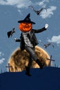 Vertical composite creative photo collage of headless person pumpkin instead of head dancing on graveyard isolated on