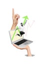 Vertical composite creative photo collage of hipster jumping from laptop screen increase earnings isolated on white