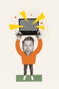 Vertical composite creative photo collage of impressed funny guy hold laptop over head hypnotise you isolated white Royalty Free Stock Photo