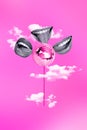 Vertical composite creative surrealistic photo collage of women tongs licking discoball lollipop isolated on pink color