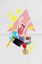 Vertical composite creative template photo collage of satisfied clever diligent graduate raising hands up paper