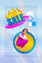 Vertical composite illustration photo collage of adorable positive girl look at burning sale isolated creative colorful