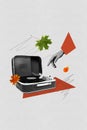 Vertical composite illustration photo collage of hand stretches to vintage vinyl record press play isolated on gray