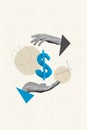 Vertical composite illustration photo collage of human palms demonstrate plasticine icon of dollar isolated creative