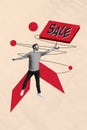 Vertical composite photo abstract collage of glad astonished man hold sale poster like umbrella isolated creative