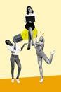 Vertical composite photo collage of happy women team hold lift big lightbulb with boss businesswoman sit on it hold