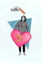 Vertical composite photo collage of young disappointed man hold his big broken heart break up end of relationship Royalty Free Stock Photo