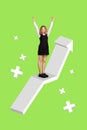 Vertical composite picture of delighted pupil raise fists stand growth arrow isolated on green background