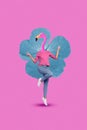 Vertical composite picture of girl pink flamingo head jumping show v-sign big flower isolated on creative background