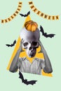 Vertical composite strange unusual creative photo collage of funny headless man takes off his skull head on